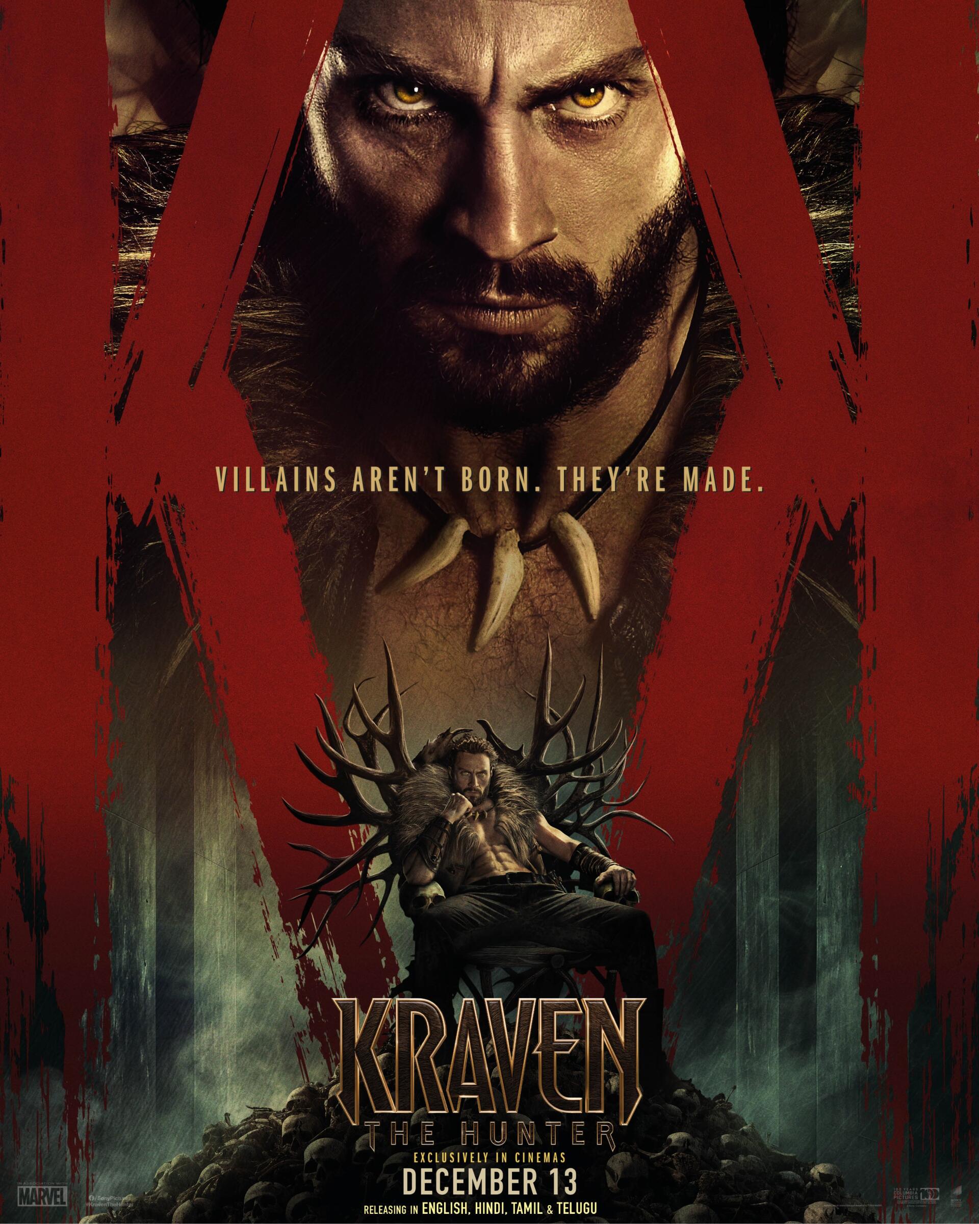 Movie poster for Kraven the Hunter (2024) featuring Aaron Taylor-Johnson, showcasing a dramatic image with the tagline: Villains aren't born. They're made. Release date: December 13.