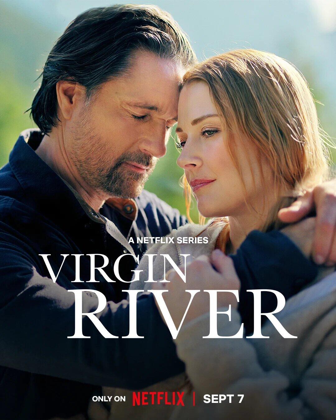 A heartfelt moment between two characters in the Netflix series Virgin River, showcasing their emotional connection against a serene backdrop.
