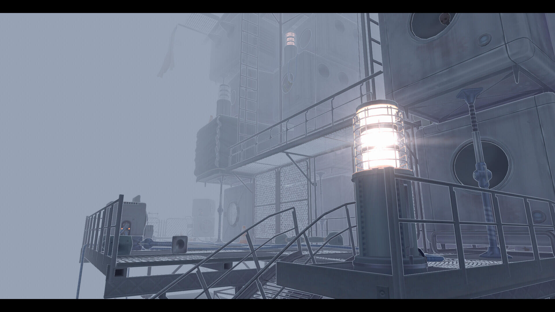 A misty, industrial landscape from the video game MiSide, featuring metallic structures and a glowing light, creating an atmosphere of mystery and exploration.