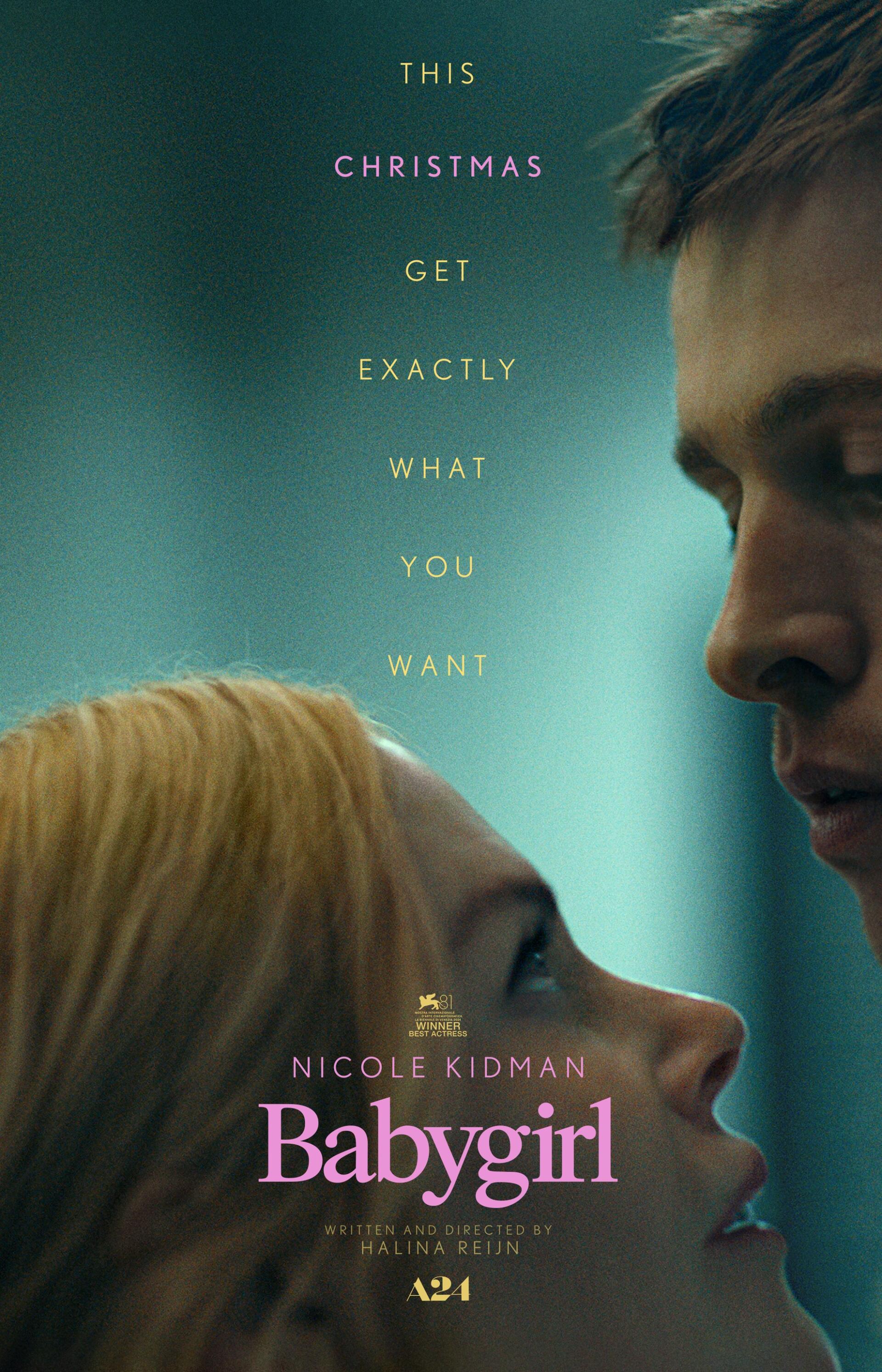 A romantic movie poster for Babygirl, featuring Nicole Kidman, highlights a close moment between two characters with the tagline about Christmas wishes.