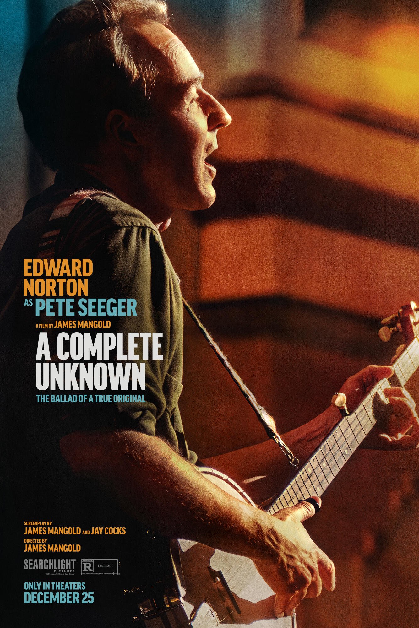 Edward Norton portrays Pete Seeger in A Complete Unknown, directed by James Mangold. The film celebrates the life of this true original, arriving in theaters December 25.