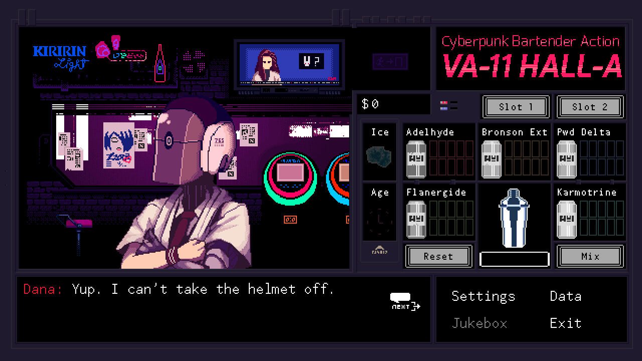 A scene from VA-11 Hall-A: Cyberpunk Bartender Action featuring a character named Dana, who humorously states she can't remove her helmet, set in a vibrant bar environment.