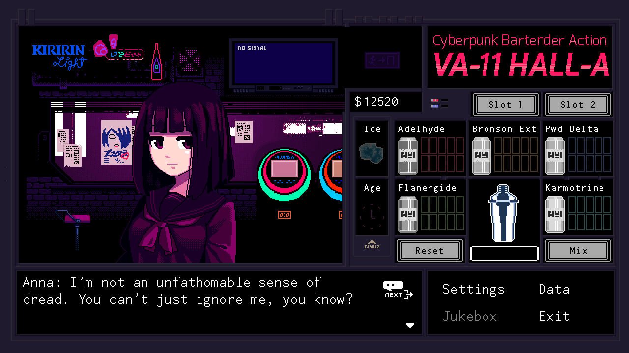 A character named Anna speaks from the bar in VA-11 Hall-A: Cyberpunk Bartender Action, expressing a thought on being ignored in a vibrant, retro-style cyberpunk setting.