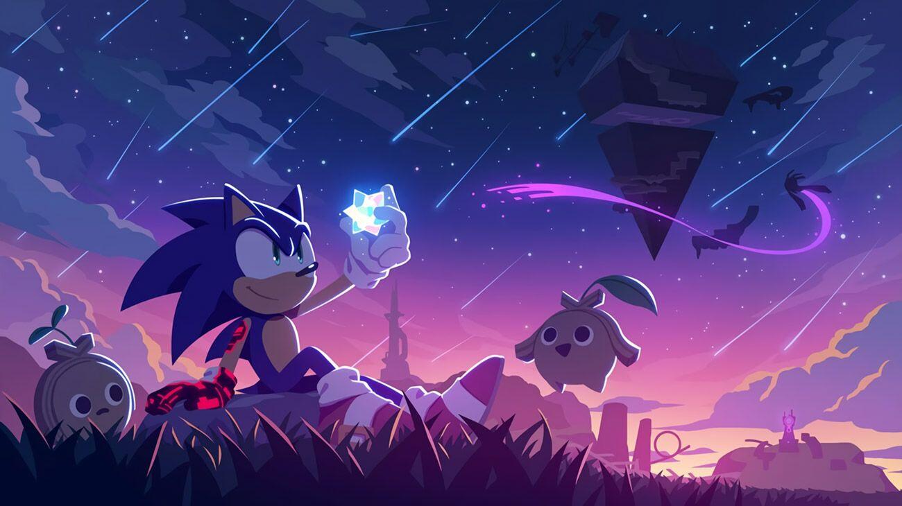 Sonic the Hedgehog holds a glowing star-like object at sunset, surrounded by small creatures and shooting stars, in a scene from Sonic Frontiers.