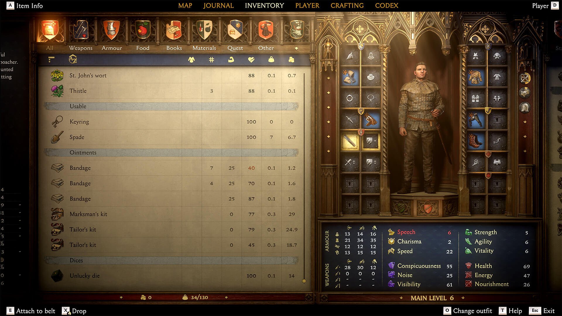 Screenshot from the video game Kingdom Come: Deliverance II, showcasing character stats and inventory management alongside an armored character display.