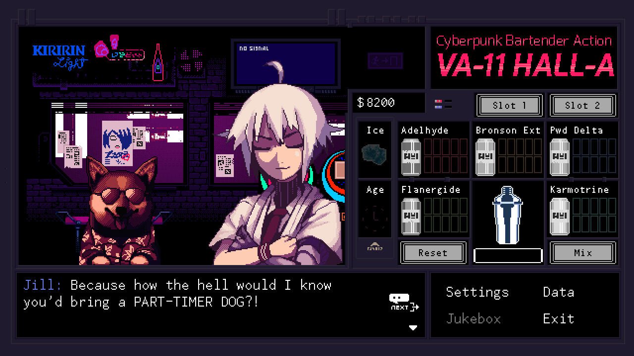A scene from VA-11 Hall-A: Cyberpunk Bartender Action, featuring a bartender, Jill, humorously reacting to a dog at the bar alongside a stylized interface for mixing drinks.
