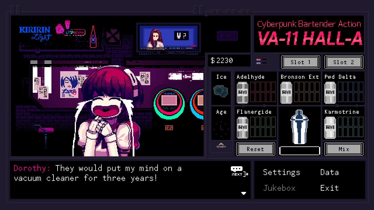 A scene from VA-11 Hall-A: Cyberpunk Bartender Action, featuring a character named Dorothy joyfully interacting in a futuristic bar setting, with a drink mixing interface visible.