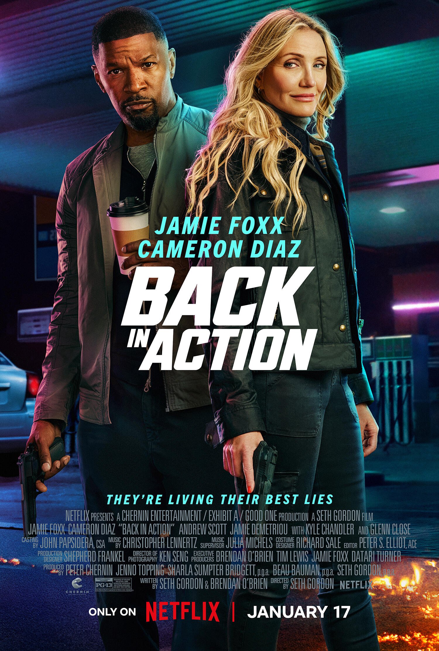 A promotional image for the Netflix movie Back in Action featuring Jamie Foxx and Cameron Diaz, highlighting their dynamic partnership. Release date is January 17.