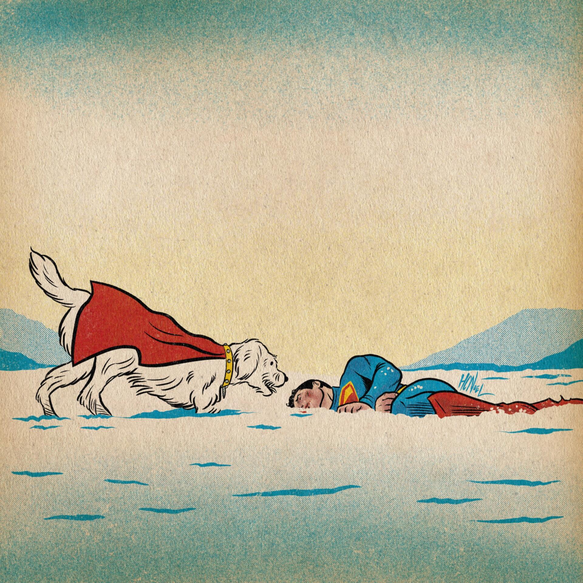 Superman (2025) lies face down on snow while Krypto, the dog in a red cape, approaches him in a snowy landscape.