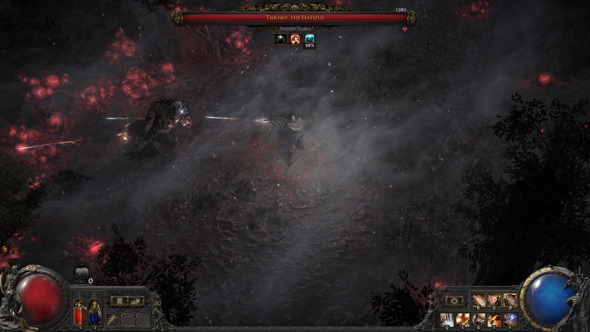 A dark, atmospheric screenshot from the video game Path of Exile 2, showcasing intense action amid swirling fog and vibrant red effects.