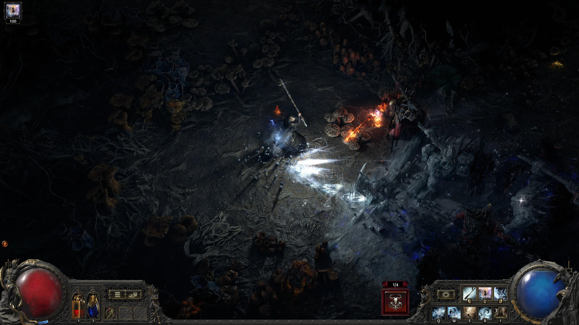 A scene from the video game Path of Exile 2, featuring a character battling enemies in a dark, atmospheric environment filled with ominous details and dynamic lighting.