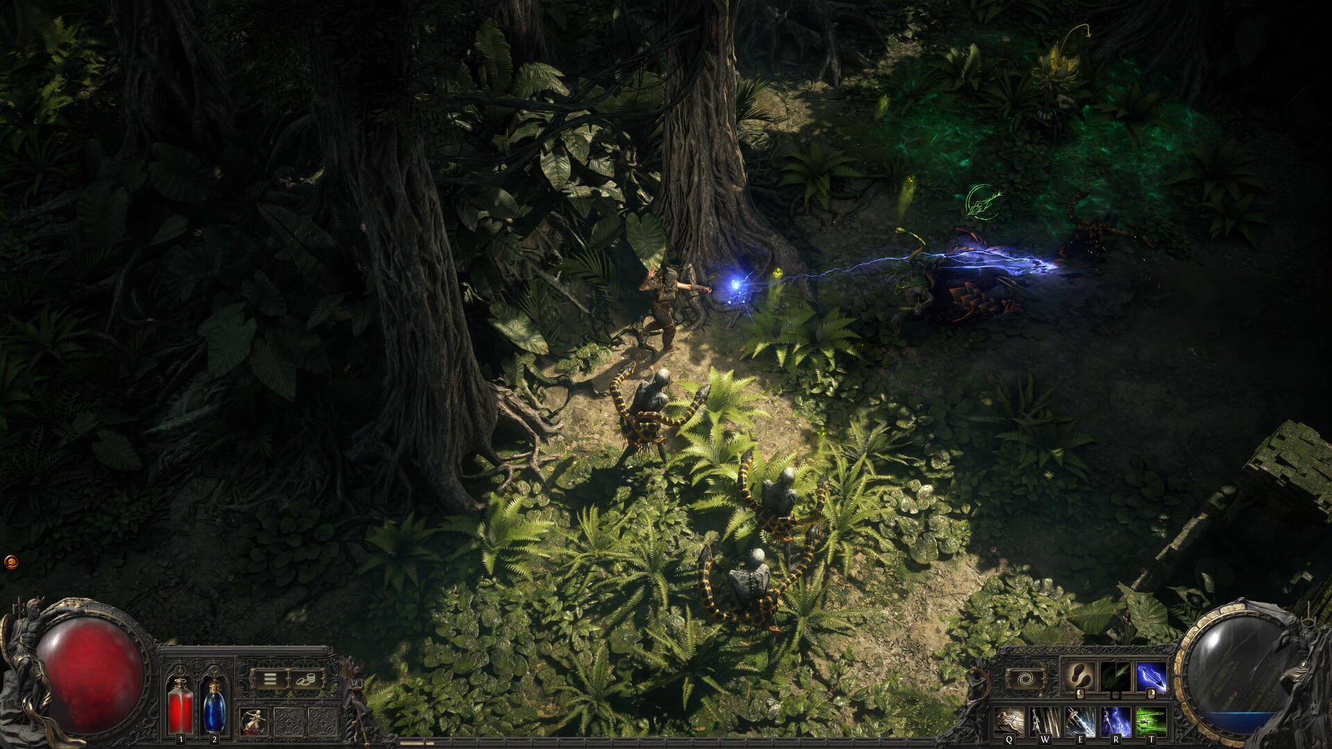 A lush jungle scene from the video game Path of Exile 2, featuring dense greenery and blue magical effects, creating an immersive fantasy atmosphere.