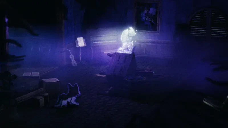 A dimly lit room from the game Enigma of Fear, featuring a ghostly figure at a desk, surrounded by scattered papers and a cat observing quietly in the shadows.