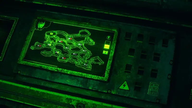 A detailed, glowing green map from the video game Enigma of Fear, featuring intricate pathways and interactive buttons, set against a dark, atmospheric background.