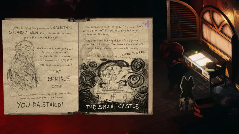 A screenshot from the video game Enigma of Fear, showcasing an open book with eerie illustrations and text about a place called The Spiral Castle, surrounded by a dark atmosphere.