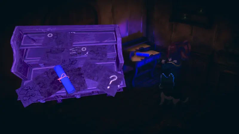 A glowing purple chest filled with mysterious papers and objects, set in a dark room, depicts a scene from the video game Enigma of Fear, inviting players into its eerie atmosphere.