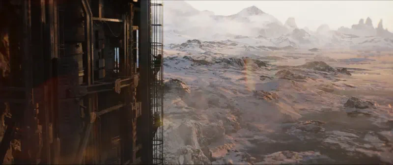 A panoramic view of a rugged, desolate landscape from the TV show Star Wars: Skeleton Crew, featuring distant mountains and a partially constructed structure in the foreground.