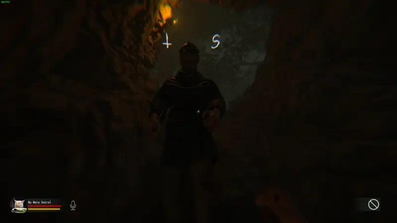 A character navigates a dark, cave-like environment illuminated by flickering flames in the video game NO STRANGERS. Shadows and mystery loom in this atmospheric scene.