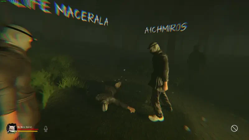 In a dark, atmospheric setting from the video game NO STRANGERS, two characters stand over a fallen figure, with eerie text floating above them, enhancing the tension of the scene.