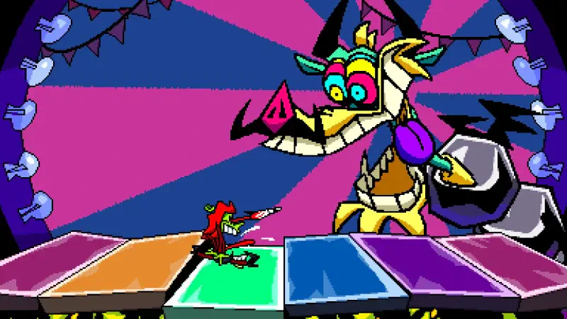A vibrant scene from the video game ANTONBLAST, featuring a whimsical character engaged in a colorful challenge against a large, exaggerated creature.