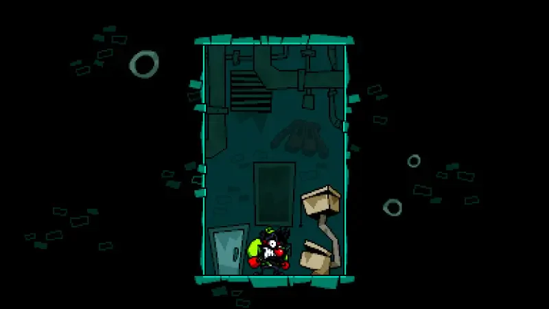 A character from the game ANTONBLAST explores a dark room with scattered boxes and a stairwell, emphasizing the game's vibrant, retro-inspired aesthetics.