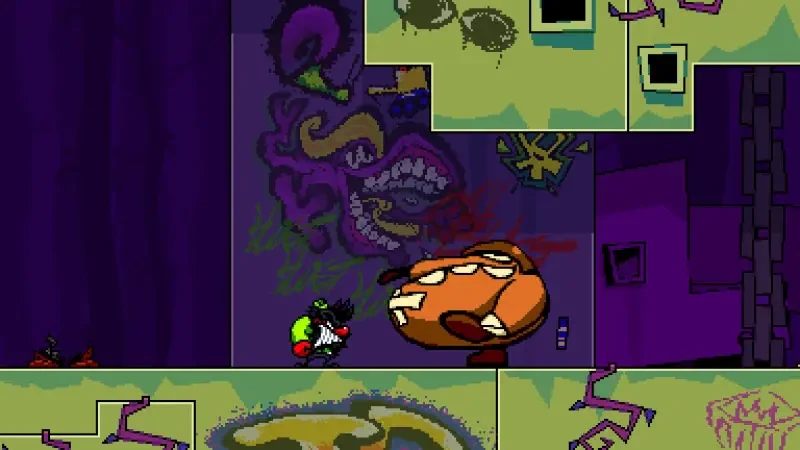 A vibrant scene from the video game ANTONBLAST, showcasing a character confronting a quirky, oversized enemy against a backdrop of graffiti and colorful platform elements.