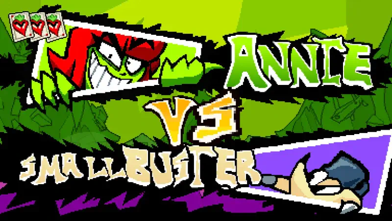 A vibrant fight scene from the video game ANTONBLAST, featuring characters Annie and Small Buster in a colorful, dynamic showdown.