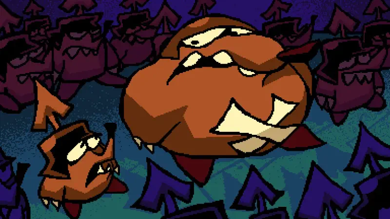 A vibrant scene from the video game ANTONBLAST, featuring quirky characters with exaggerated expressions and a colorful, dynamic background.