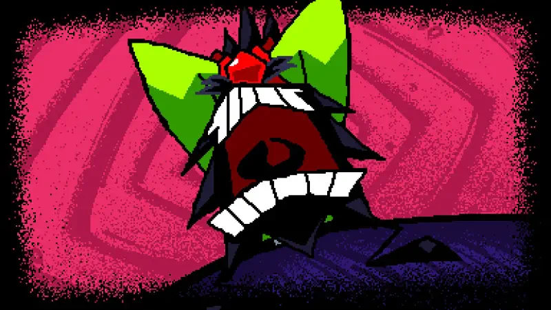 A colorful, exaggerated character from the video game ANTONBLAST features large green ears, a wide grin, and a vibrant red crown, set against a bold pink background.