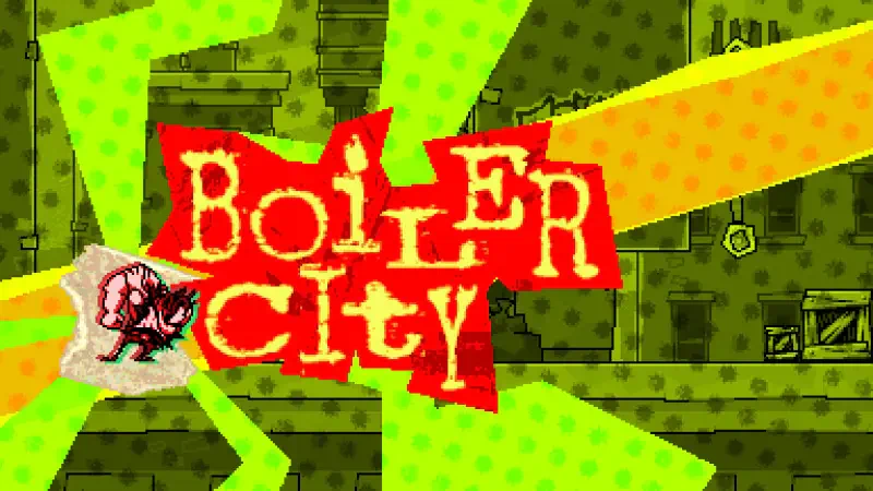 The image features vibrant graphics from the video game ANTONBLAST, showcasing the title Boiler City amidst colorful bursts and patterns.