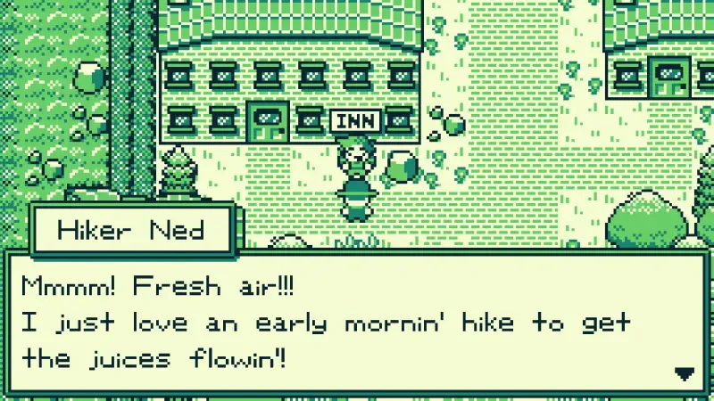 A character named Hiker Ned enjoys the fresh air during a morning hike in the vibrant world of the video game The Edge of Allegoria, expressing his love for nature.