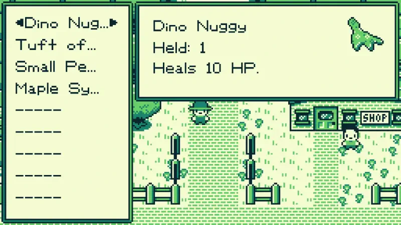 A game screen from The Edge of Allegoria, featuring an item called Dino Nuggy, with details about its healing properties and inventory management in a pixel art style.