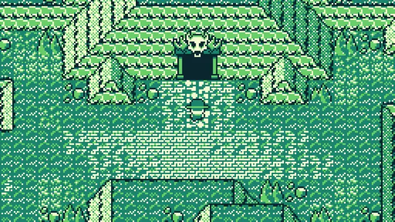 A pixel art scene from the video game The Edge of Allegoria, featuring a character standing before a skull-adorned entrance, surrounded by lush green landscapes and pathways.