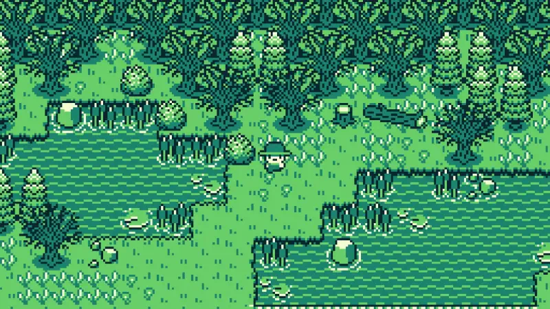 A vibrant scene from the video game The Edge of Allegoria, featuring a character exploring a lush, green landscape with ponds and dense foliage.