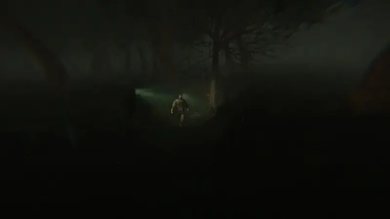 A character navigates through a dark, eerie forest, illuminated by a flashlight, embodying the atmosphere of the video game NO STRANGERS. A sense of tension pervades the scene.