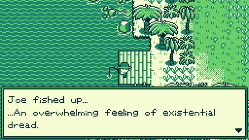 A scene from the video game The Edge of Allegoria shows a character named Joe fishing, only to reel in an overwhelming feeling of existential dread.