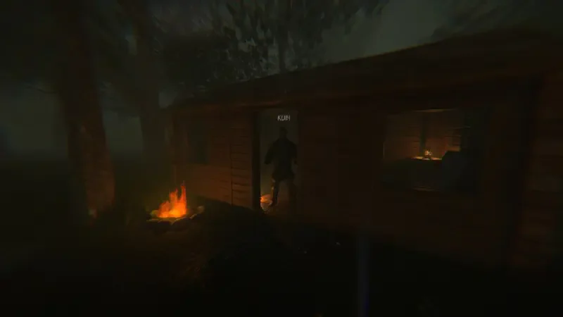 A character navigates a dark, eerie environment in the video game NO STRANGERS, approaching a cabin with flickering flames nearby, enhancing the suspenseful atmosphere.