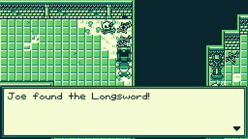 A scene from the video game The Edge of Allegoria, showcasing a character named Joe discovering the Longsword amidst a pixelated, grid-like landscape.