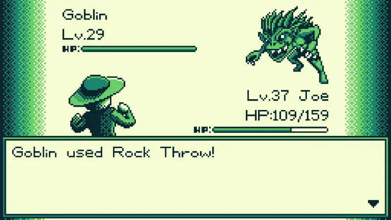 A pixelated battle scene from the video game The Edge of Allegoria, featuring a level 29 Goblin using Rock Throw against a level 37 character named Joe.