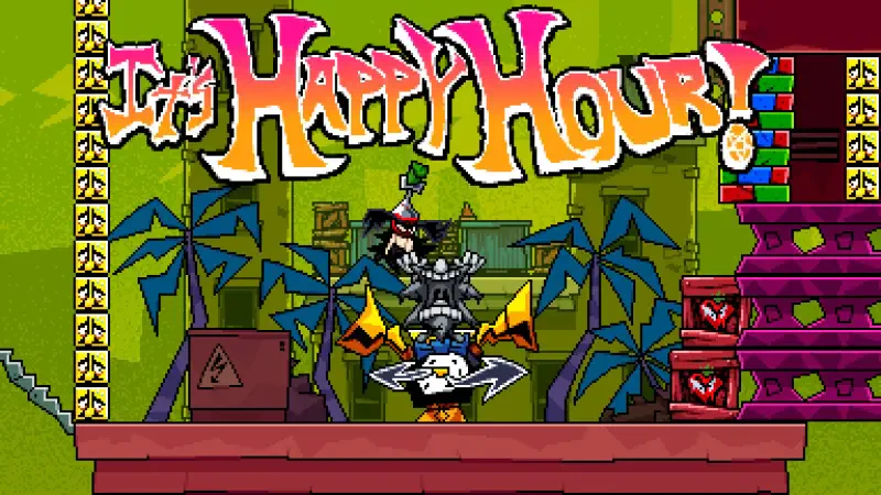 A vibrant scene from the video game ANTONBLAST featuring bold, colorful text that reads It's Happy Hour! against a playful background with palm trees and various game elements.