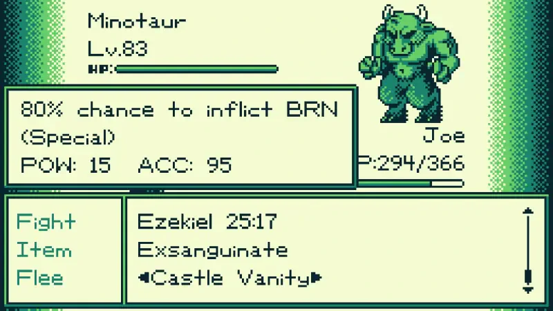 A Minotaur character at level 83 from the video game The Edge of Allegoria, displaying stats and abilities, including a chance to inflict burn effects during battle.