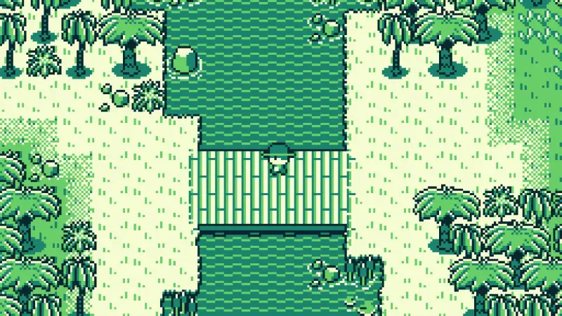 A pixel art scene from the video game The Edge of Allegoria, featuring a character standing on a bamboo bridge over a river, surrounded by lush greenery and palm trees.