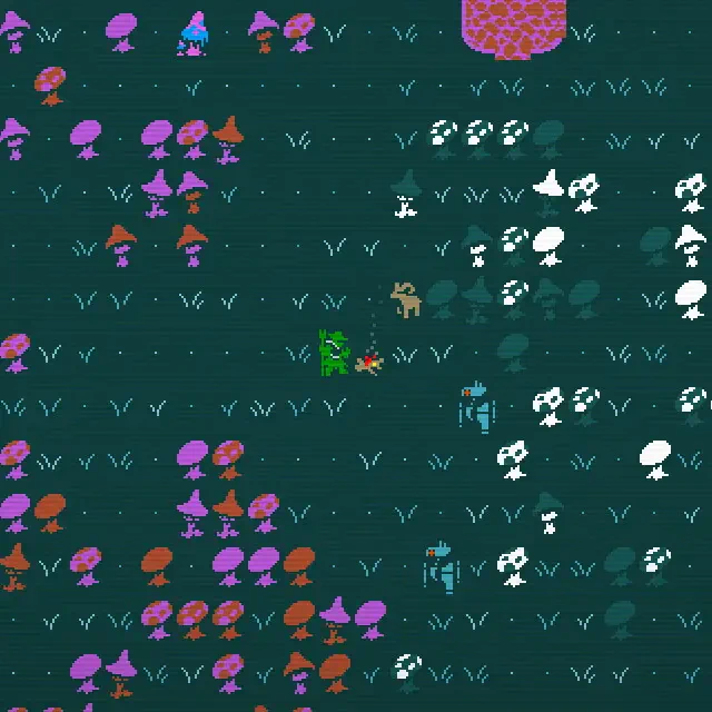 An overhead view of a vibrant, pixelated landscape in *Caves of Qud*, featuring colorful mushrooms and various characters exploring the terrain.