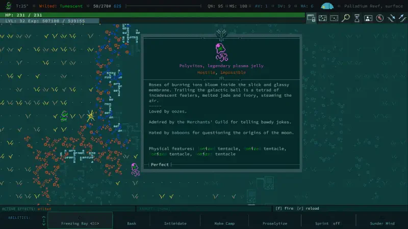 The image showcases a screen from the video game Caves of Qud, featuring text about an encounter with a creature, along with vibrant, colorful elements on a dark interface.