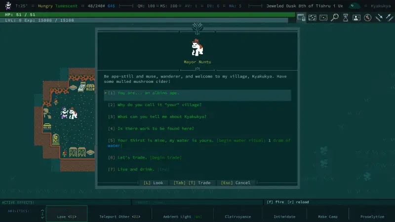 A gameplay screen from the video game Caves of Qud, showcasing a character interacting with the environment through text prompts and a graphical interface.