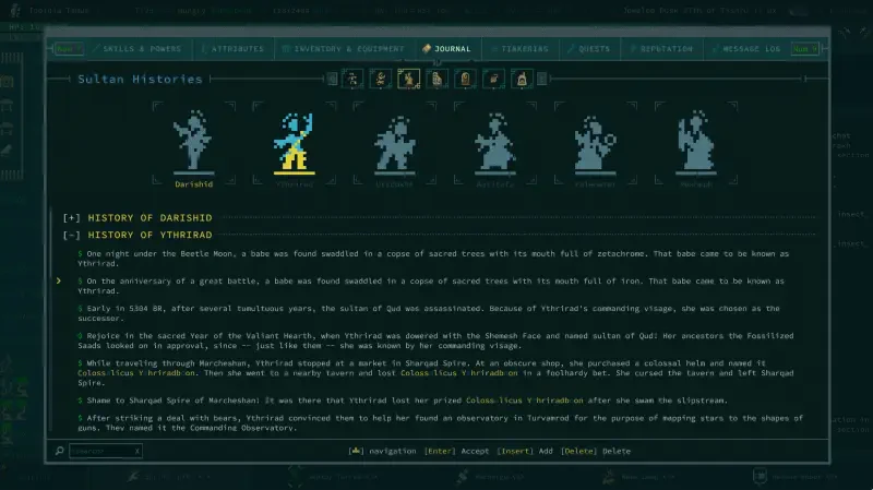 Screenshot from the video game Caves of Qud, displaying a character selection interface with detailed lore about the game's universe and various character histories.