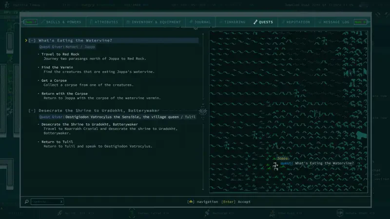 A screenshot from the video game Caves of Qud, featuring a user interface displaying a menu with various game options and text on a dark, textured background.