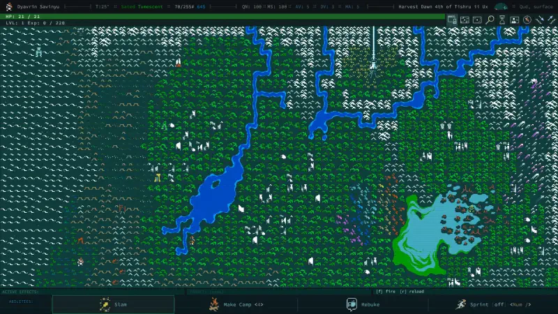 A vibrant map from the video game Caves of Qud, depicting a rich landscape with varied terrains including rivers, lakes, and diverse biomes in a pixel art style.