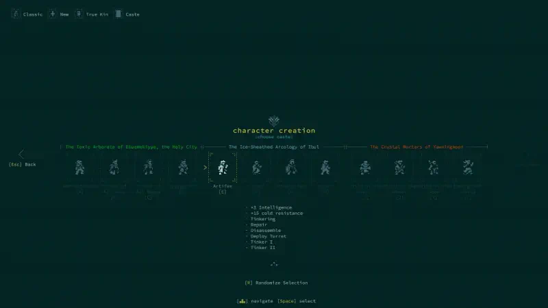 A character creation screen from the video game Caves of Qud, featuring various character options and detailed attributes displayed in a stylized, dark interface.