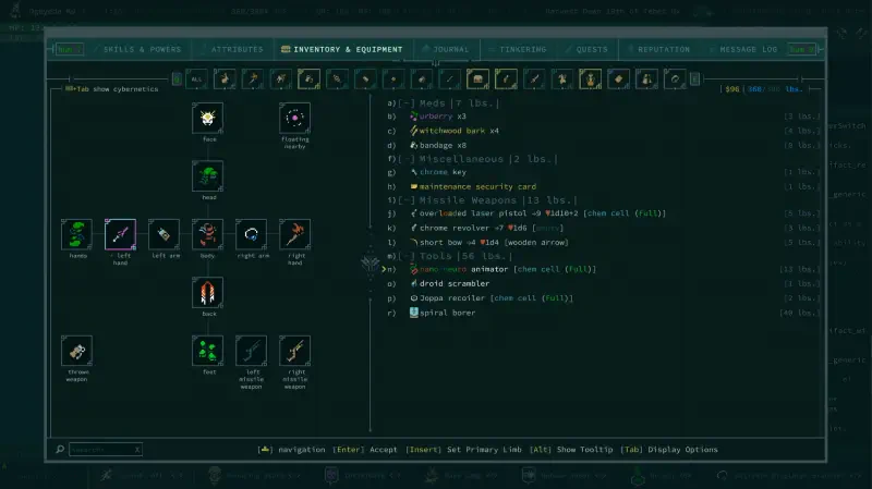 A user interface screen from the video game Caves of Qud, showcasing various abilities, items, and stats in a dark, detailed layout.